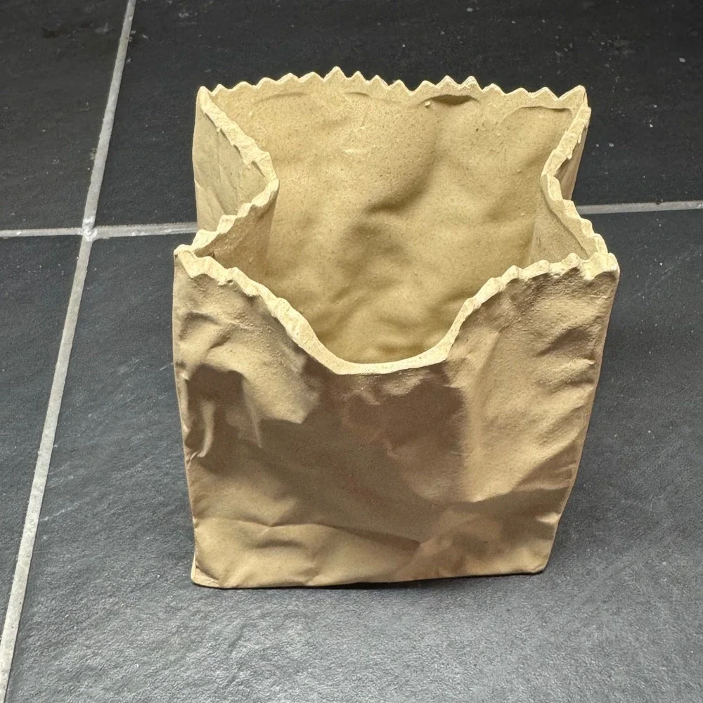 Ceramic Brown Paper‎ Bag Vase Trompe L'oeil Sculptural Planter Tan Decor 6 Inch